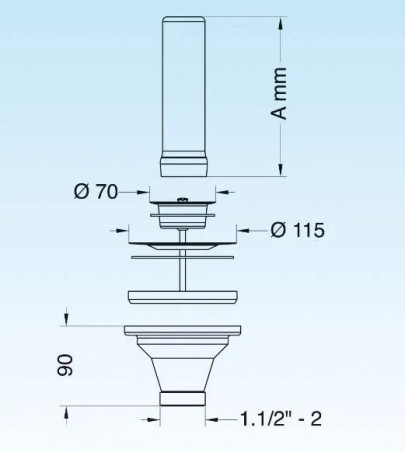 Drain plug with stainless steel overflow tube 150 mm for kitchen sink diameter 90 mm