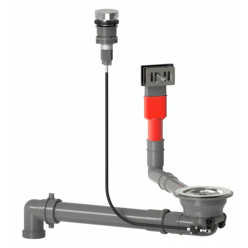 Ruimtebesparende 90 mm automatische gootsteenafvoer, rechthoekige overloop, chromen knop