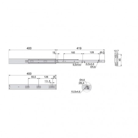 Coppie di guide per cassetti, su cuscinetti a sfera, estrazione totale e chiusura morbida, 45x400, set di 5