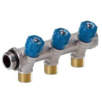 Sanitary manifolds with integrated remote fittings 3 outlets blue