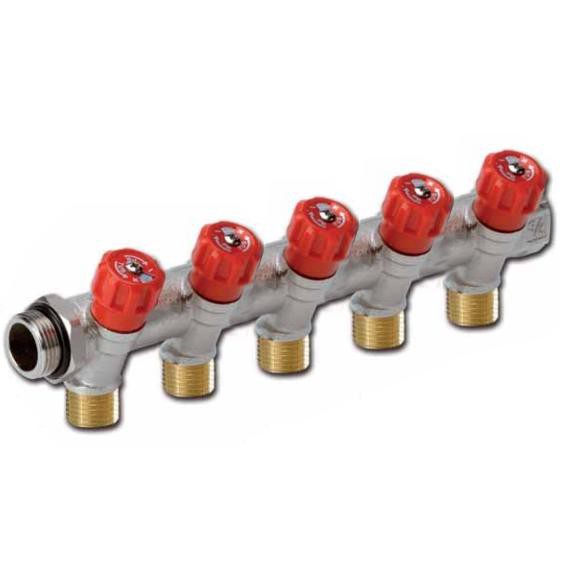 Sanitary manifolds 5 outlets red with integrated remote fittings