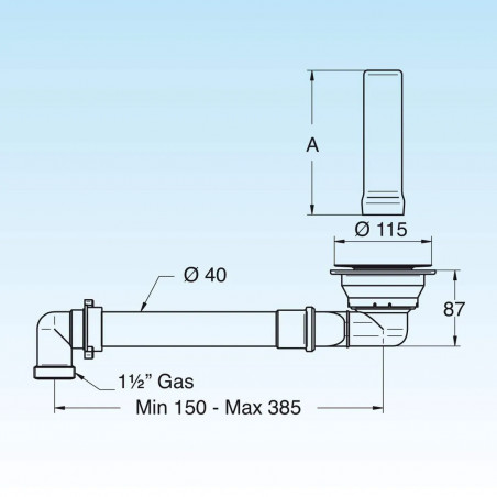 Space saving drain with 170mm stainless steel overflow tube for 90mm diameter sink
