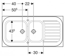 Romans tweekomige spoelbak met enkele uitloop 1200x600 mm.