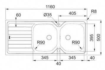 Lavello in acciaio inox, 2 vasche 1 sgocciolatoio, 1160x500mm RNN621