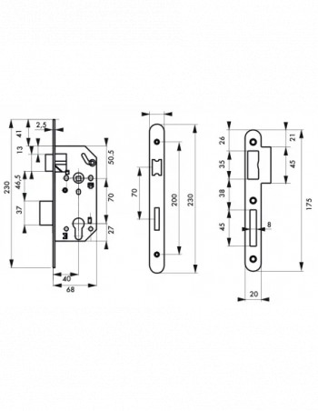 Mortice lock case, 40mm axis, for black cylinder