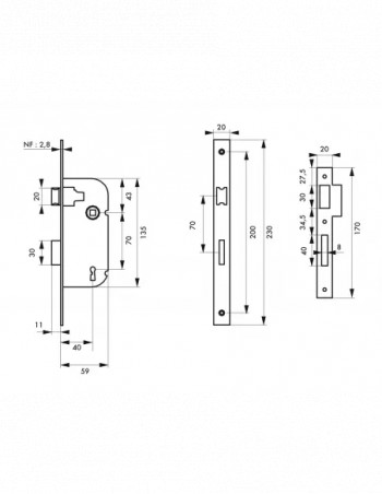 Mortice lock, 40mm axis, BR half turn bolt, 1 key