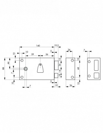 Opbouw nachtschoot slot, 1/2 draai, 140x82 mm, rechts, 1 sleutel