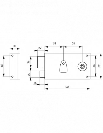 Surface deadbolt lock, 1/2 turn, 140x82mm, left, 1 key