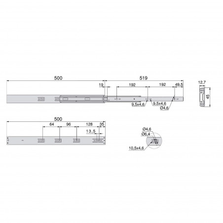Coppie di guide per cassetti con cuscinetti a sfera, 45 x 500 mm ammortizzate