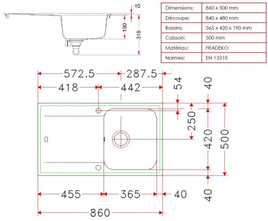 Evier kit 100x60, avec découpe pour Domino