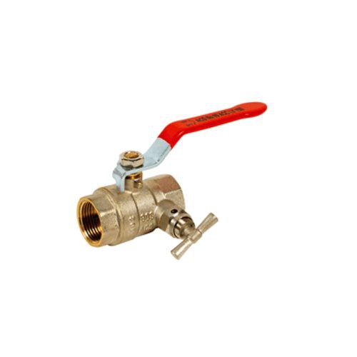 Double female brass ball valve with bleed PN25 + red flat steel handle, 40/49