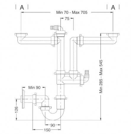 Siphon Spüle 2 Becken, platzsparende Ablaufgarnitur 40 mm, Gewinde 40x49