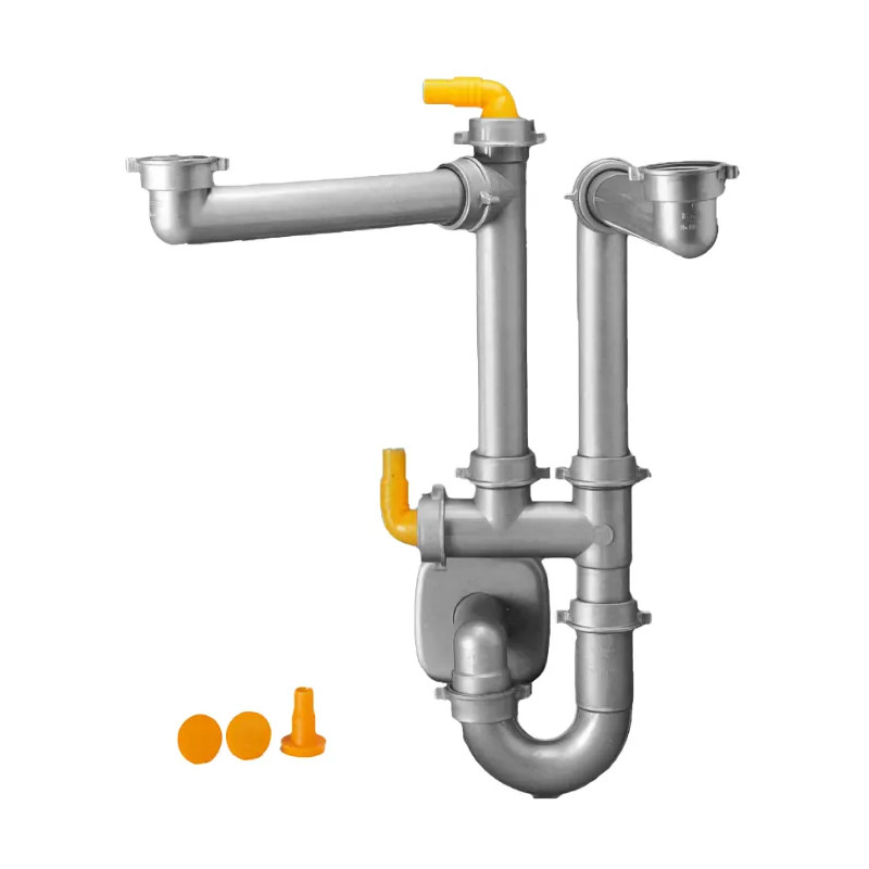 Sifone lavello 2 vasche, tubazione scarico salvaspazio 40 mm, filettatura 40x49 Sifone lavello 2 vasche, tubazione scarico salvaspazio 40 mm, filettatura 40x49