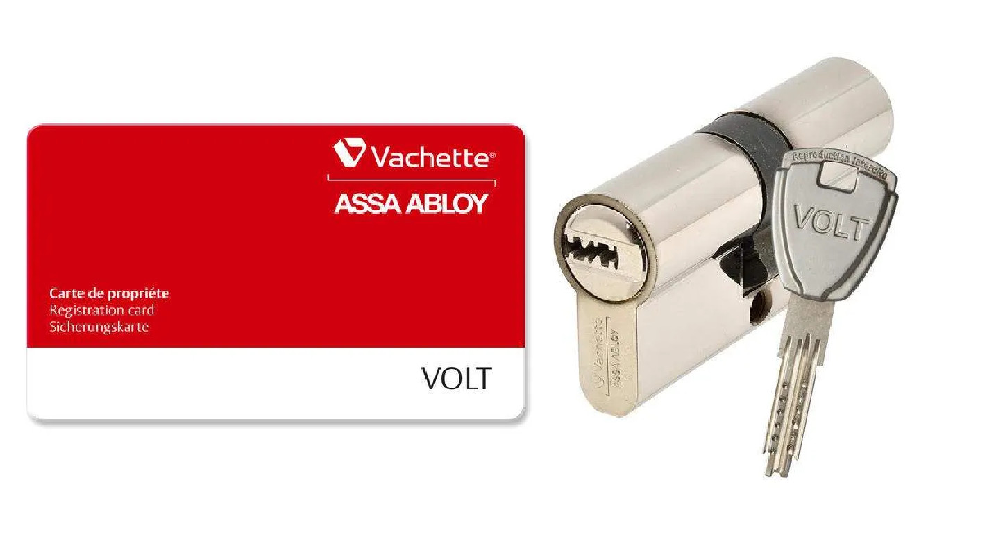 Vernikkelde slotcilinder Volt 30x30 mm, 6 pinnen, 4 omkeerbare sleutels.