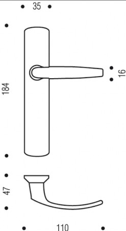 Zwei Türgriffe mit verchromter Applikation Spiegel mit Schnabel, Achsabstand 165 mm