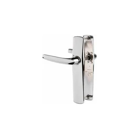 Deux poignées de porte avec applique chromée miroir à bec de cane, entraxe 165 mm