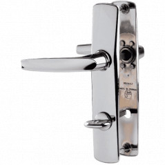 Deux poignées de porte avec applique chromée miroir, clé i, entraxe 165 mm