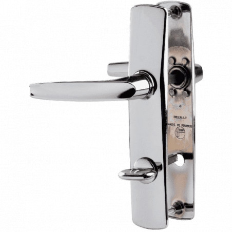 Deux poignées de porte avec applique chromée miroir, clé i, entraxe 165 mm