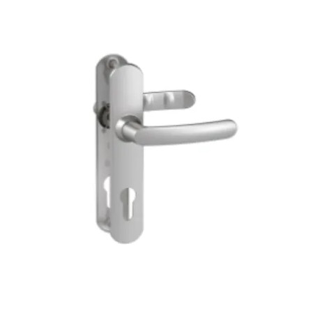 Door handle with plate, 195 mm distance between centres, key I, mirror-chromed