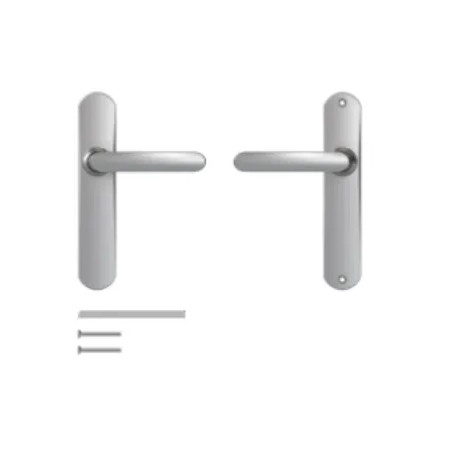 Door handle with plate, 165 mm distance between centres, cane spout, mirror-chromed