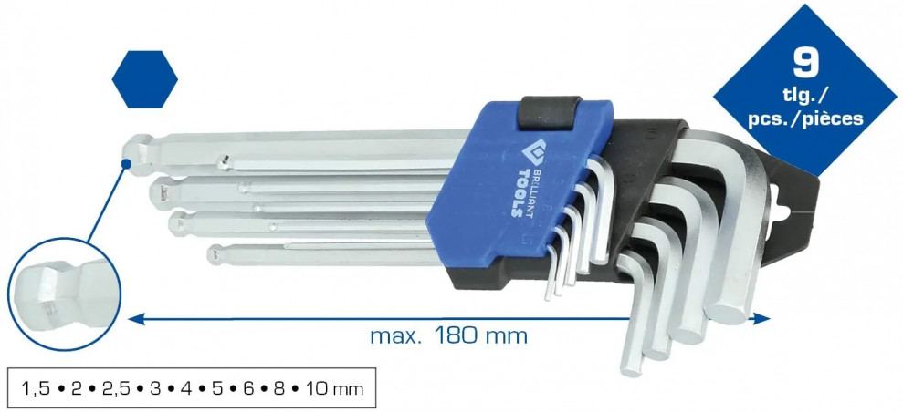 Hexagon socket wrenches with ball head, 9 pieces