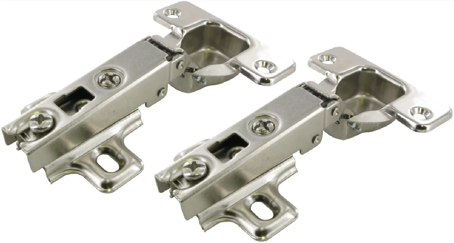 Verdektliggende meubelscharnieren met veren, 110° opening, staal vernikkeld D.35 mm, hartafstand 48 mm, 2 stuks