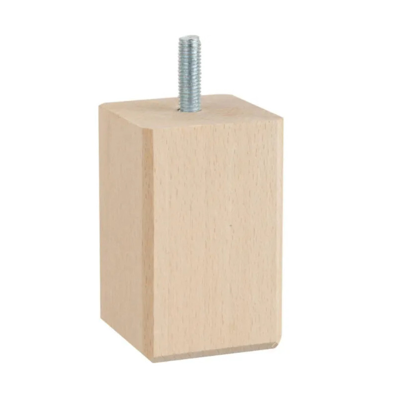 Vierkante M8 bedpoot in onbehandeld beukenhout, 50x50 mm, hoogte 80 mm