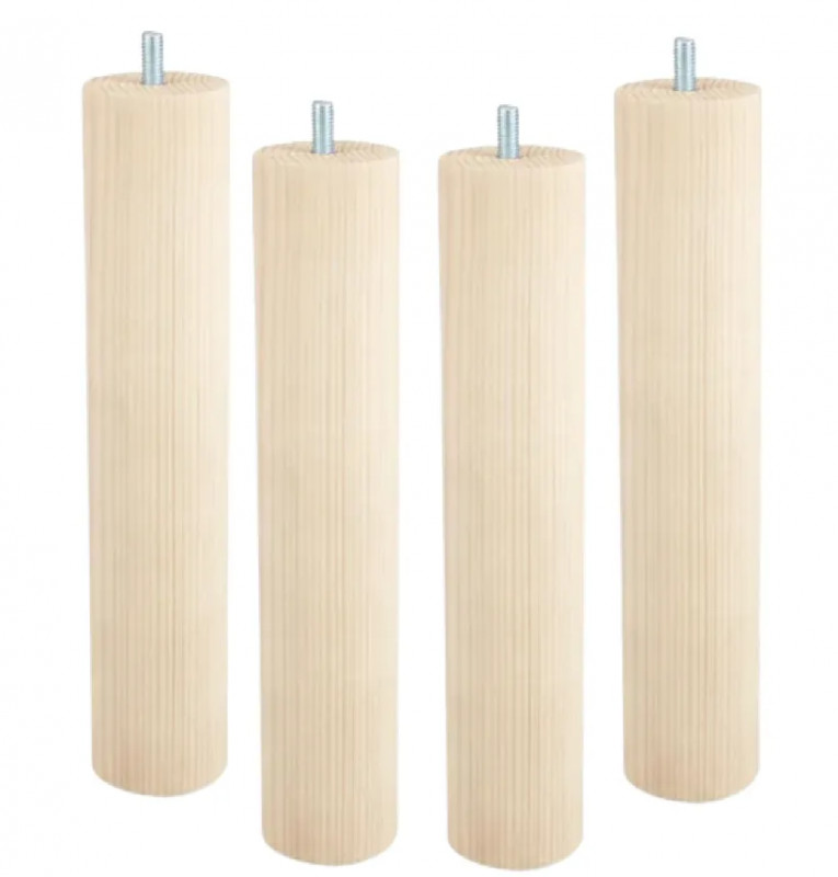 Set van 4 M8 cilindrische bedpoten in natuurlijk onbehandeld beuken, hoogte 250 mm, diameter 50 mm
