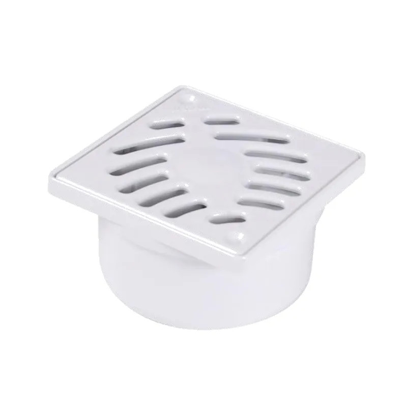 Sifone 97x97 mm con griglia in PVC bianco, raccordo Ø93/50/40 mm