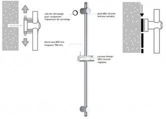 Shower bar diameter 25 mm, variable distance between centers, with adjustment wedge, stainless steel