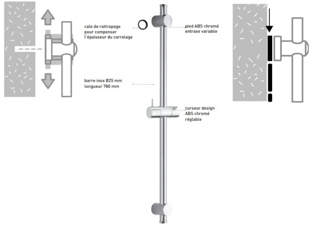 Barre de douche diamètre 25 mm, entraxe variable avec cale de rattrapage, inox