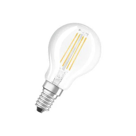 Lampadina LED in vetro trasparente, sfera E14, 4W, bianco caldo.
