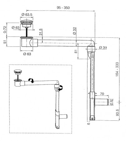 Piletta per lavabo con sifone salvaspazio e tappo UP & DOWN