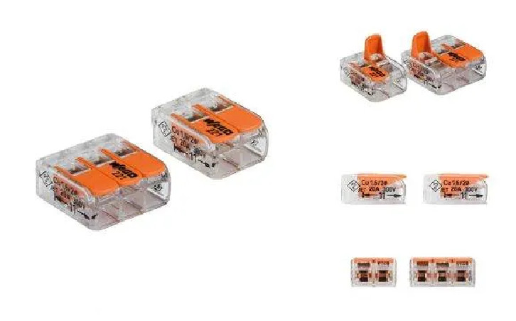 Lot de 5 bornes deux entrées et 5 bornes 3 entrées à levier incliné, rigide et souple, 4mm² WAGO
