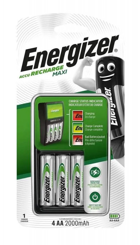 Energizer Maxi-Ladegerät für AA- und AAA-Batterien mit 4 AA-Batterien 2000mAh. Energizer Maxi-Ladegerät für AA- und AAA-Batterien mit 4 AA-Batterien 2000mAh.