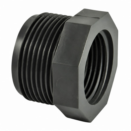 Short PVC pressure reducer, male 40x49 (1"1/2) female 33x42 (1"1/4).