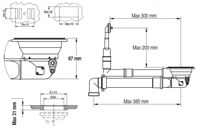 Automatic sink drain, chrome, with rectangular overflow and pushbutton