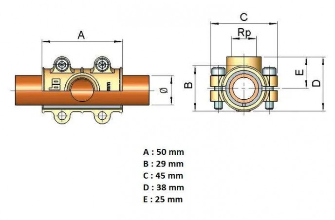 Abzweigschelle aus Messing mit Innengewinde 15x21 (1/2") für 18 mm Kupferrohr