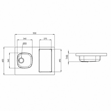 Evier cuisinette ISEO une cuve 90x60 avec découpe pour domino (non fourni) réversible