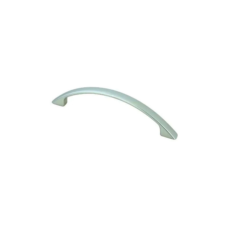 Moderne gebogen handgreep Zamak satijn vernikkeld, L.157mm, l.11mm, P.28mm, 128mm hartafstand, 1 stuk met schroeven.