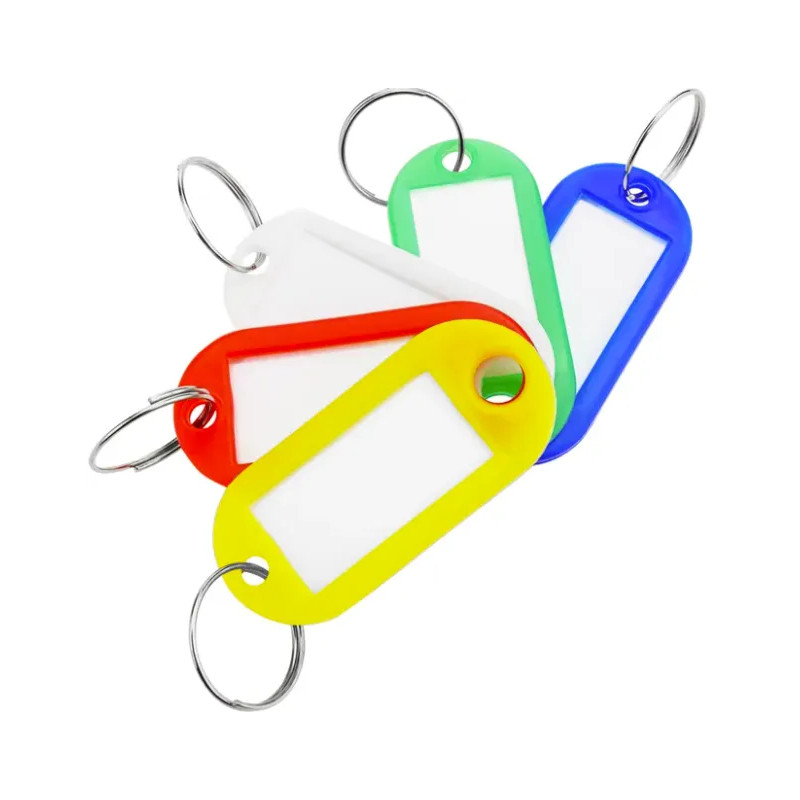 Label sleutelhanger, L.55mm, l.22mm, veelkleurig, stalen ring, 7 stuks.