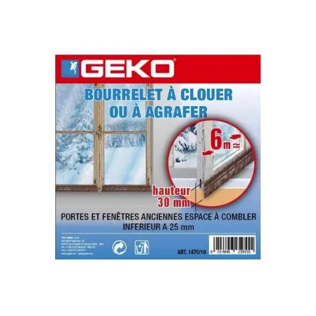 Nail-on or staple-on PVC beading, for doors and windows, 6m x 30mm, brown.