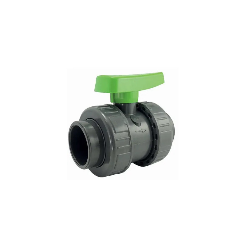 PVC drukventiel met dubbele unie, 40 mm diameter.