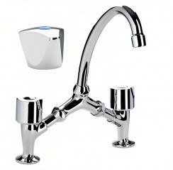 Grifo lavabo puente cromado, separación variable, crucetas de latón, pico tubo móvil