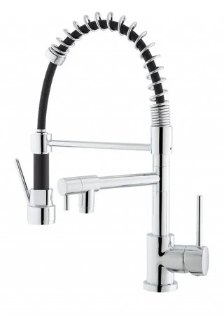 Miscelatore monocomando alto per lavello con doccetta e bocca girevole.