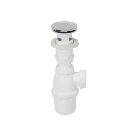 Desagüe de lavabo con rebosadero, válvula de cierre rápido y sifón.