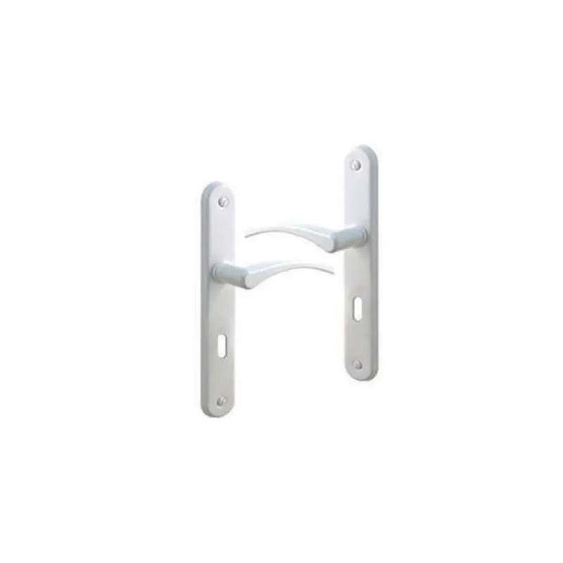 Deurkrukgarnituur met sleutelboorplaatje, wit aluminium.