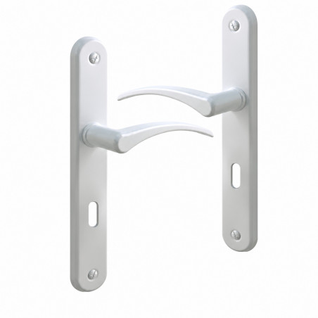 Door handle set with plate for key drilling, white aluminum.