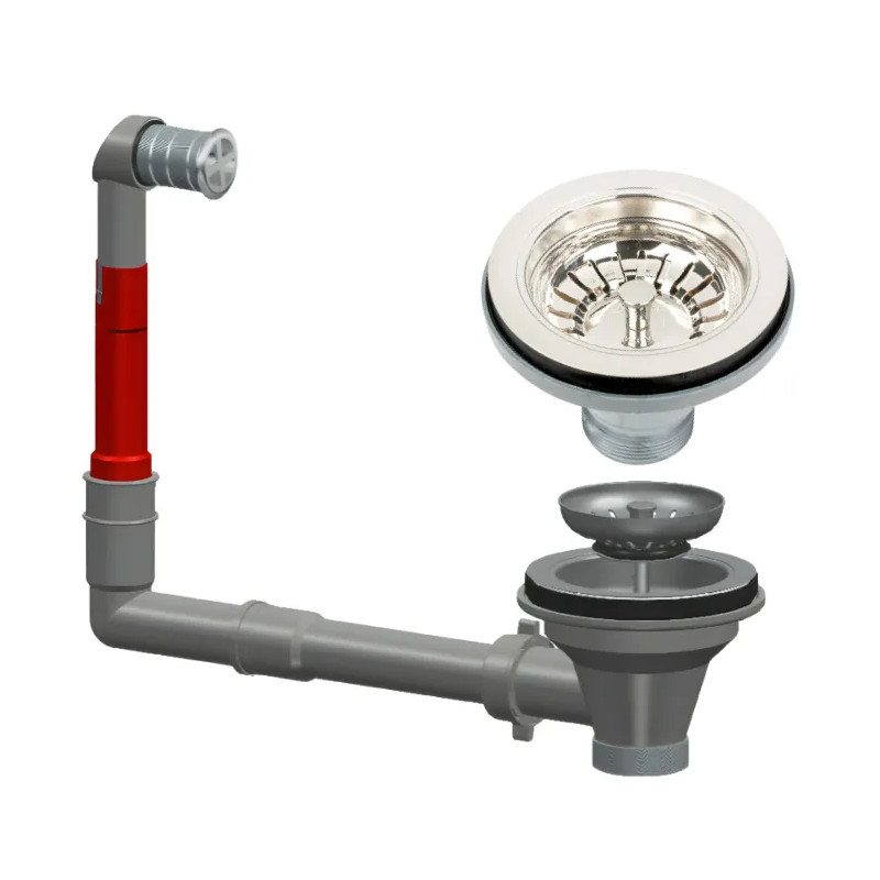 PVD gootsteenafvoer met korf, voor 90 mm gat, ronde overloop