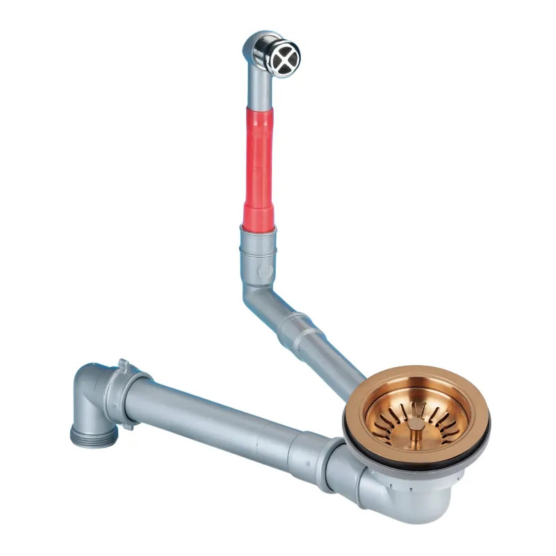 Satijnbronzen, ruimtebesparende gootsteenafvoer met overloop, diameter 90 mm